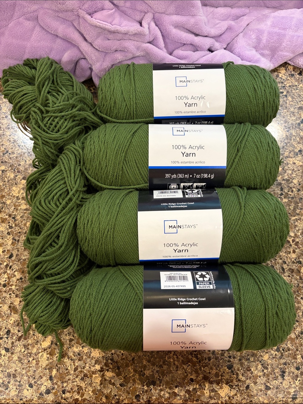 Mainstays Olive Green Acrylic Yarn - 4 Skeins